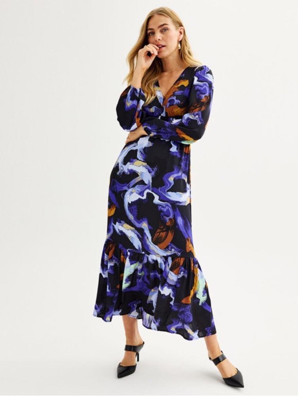 Nine West Blue Multi Marble V-Neck Ruffled Midi Dress, Size Small